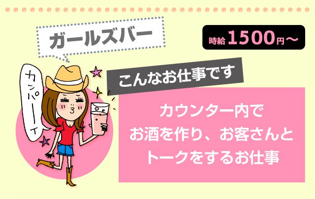ガールズバー 時給1500円　こんなお仕事です：カウンター内でお酒を作り、お客さんとトークをするお仕事