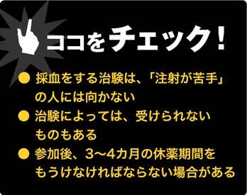 ココをチェック!●「注射が苦手」な人には向かない●治験によっては、受けられないものも●参加後、3~4カ月の休薬期間が必要な場合がある