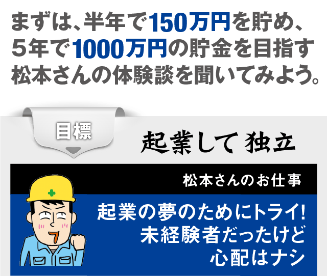 まずは、半年で150万円を貯め、5年で1000万円の貯金を目指す松本さんの体験談を聞いてみよう。目標 起業して独立 松本さんのお仕事 起業の夢のためにトライ!未経験者だったけど心配はナシ