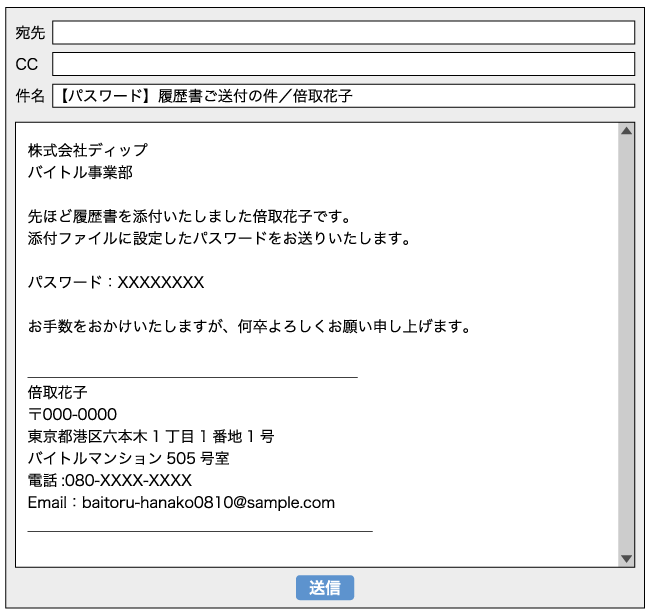 2通目(パスワードの通知)の送信メールの書き方イメージ