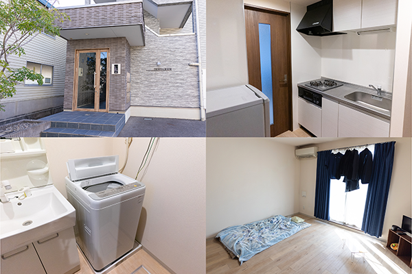 日総工産の寮の例。左上から時計周りに、寮の外観、キッチン、リビング、洗面所と洗濯機