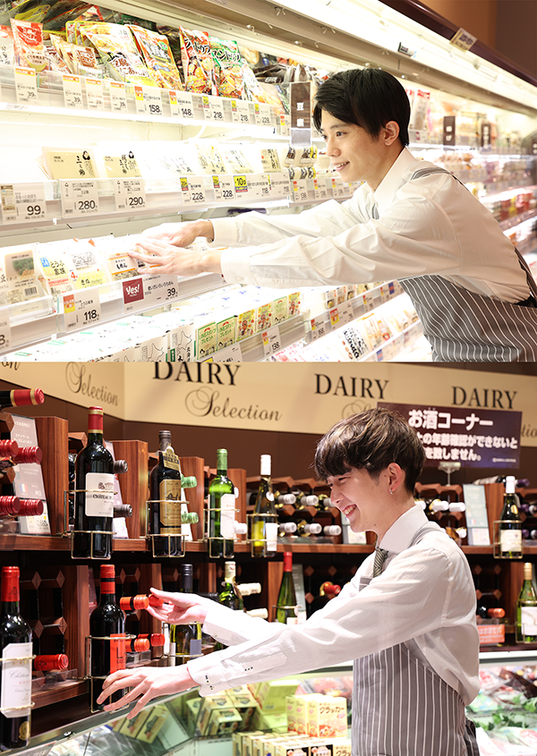 スーパーのドライグロッサリー・デイリーフーズ(日配)部門で品出しをしているスタッフ